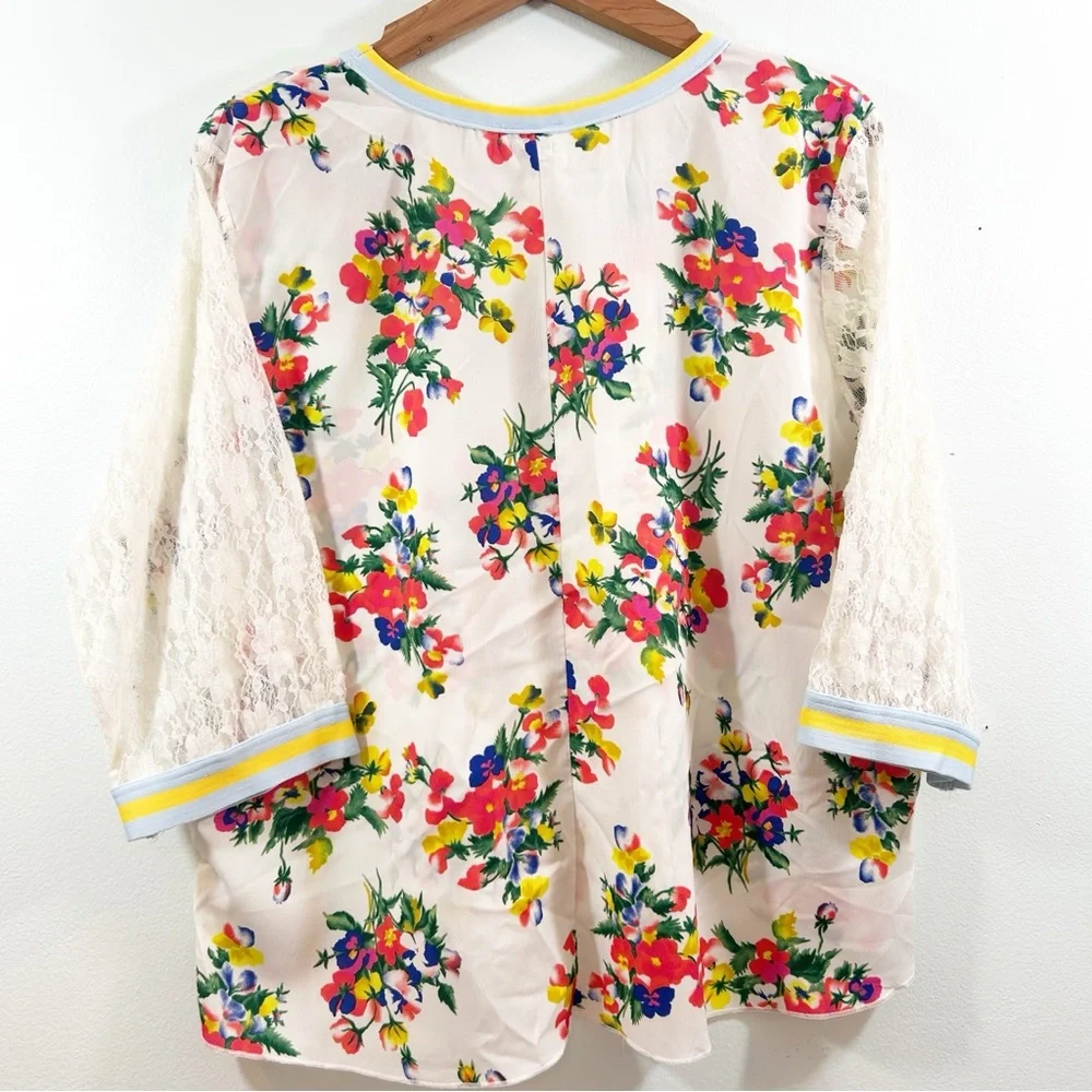Topia Cream Red Light Blue HiLow Blouse Girly Blokecore Trim & Lace 3/4 Sleeves - Picture 12 of 16